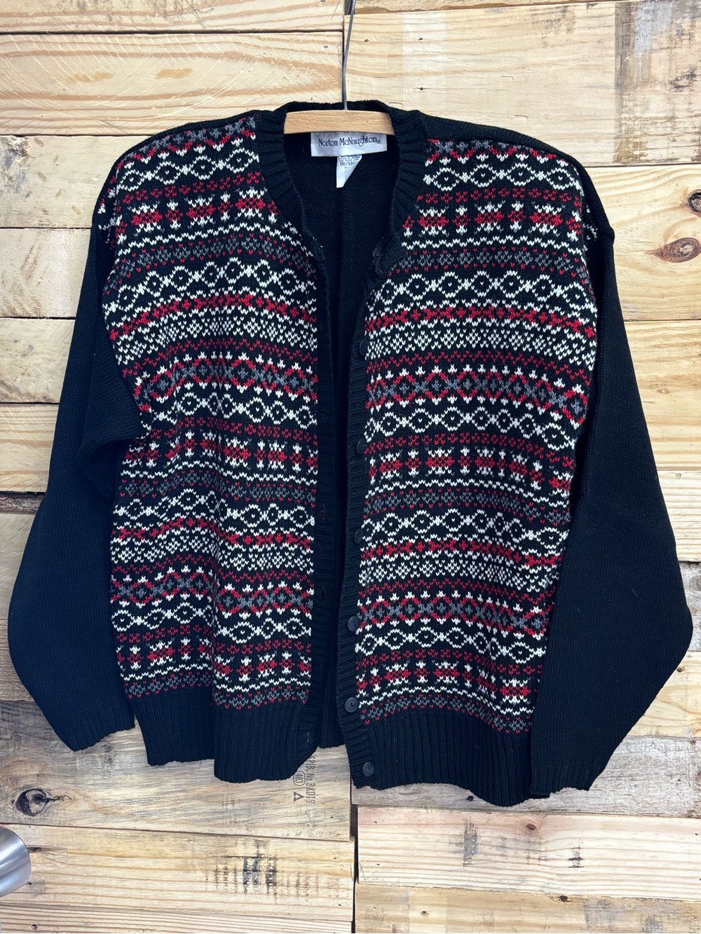 Northern Reflections Black Fair Isle Cardigan with Red and White Accents